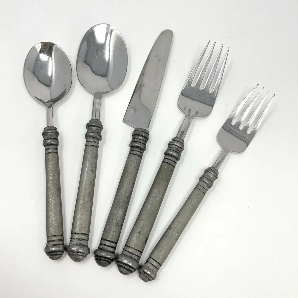 Pottery Barn 70% PEWTER Banded Handle & 18/8 Stainless Teaspoon 7 3/8”